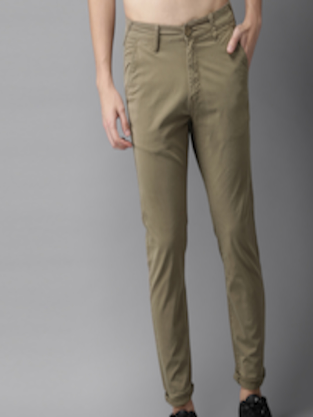 Buy HERE&NOW Men Olive Green Slim Fit Solid Chinos - Trousers for Men ...
