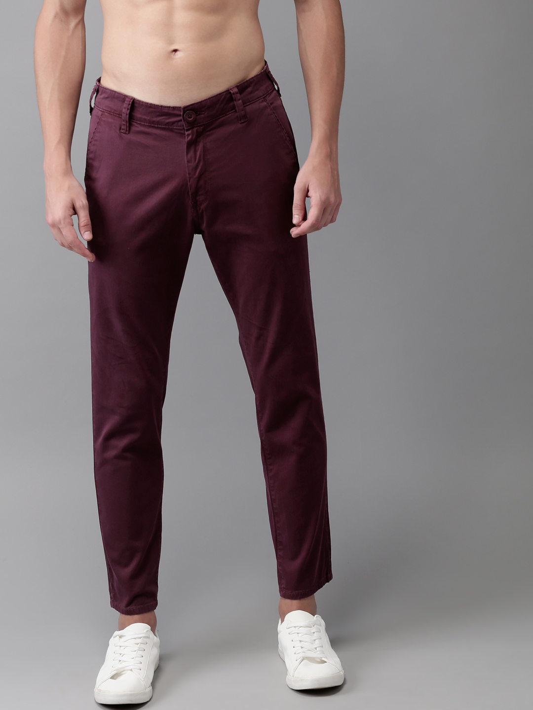 Buy HERE&NOW Men Burgundy Slim Fit Solid Chinos - Trousers for Men ...