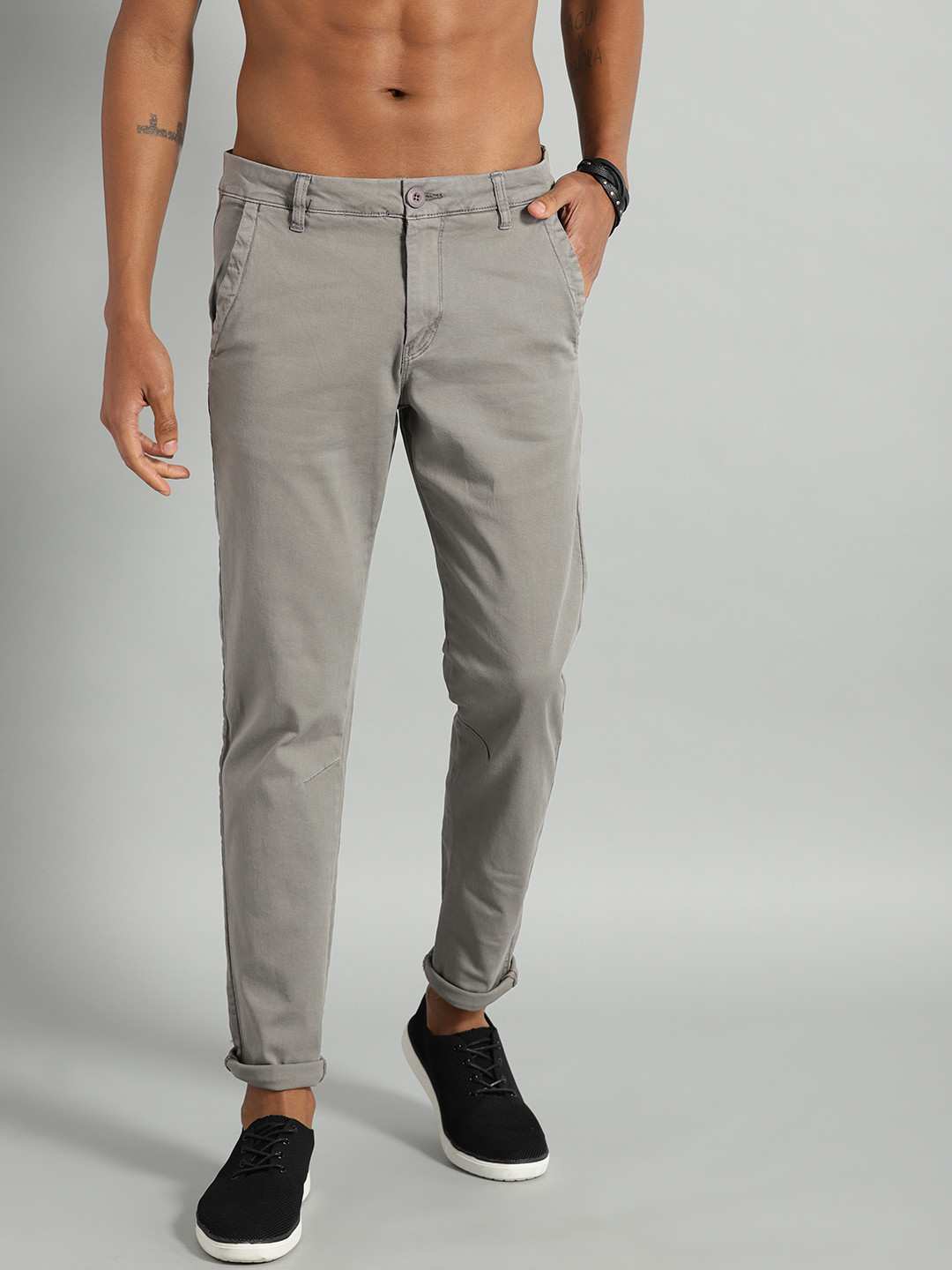 Buy The Roadster Lifestyle Co Men Grey Regular Fit Solid Chinos ...