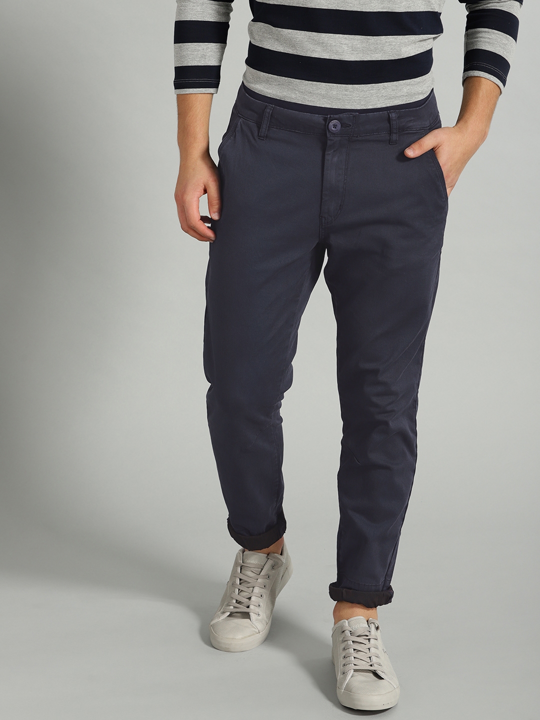 Buy The Roadster Lifestyle Co Men Navy Blue Regular Fit Solid Chinos ...