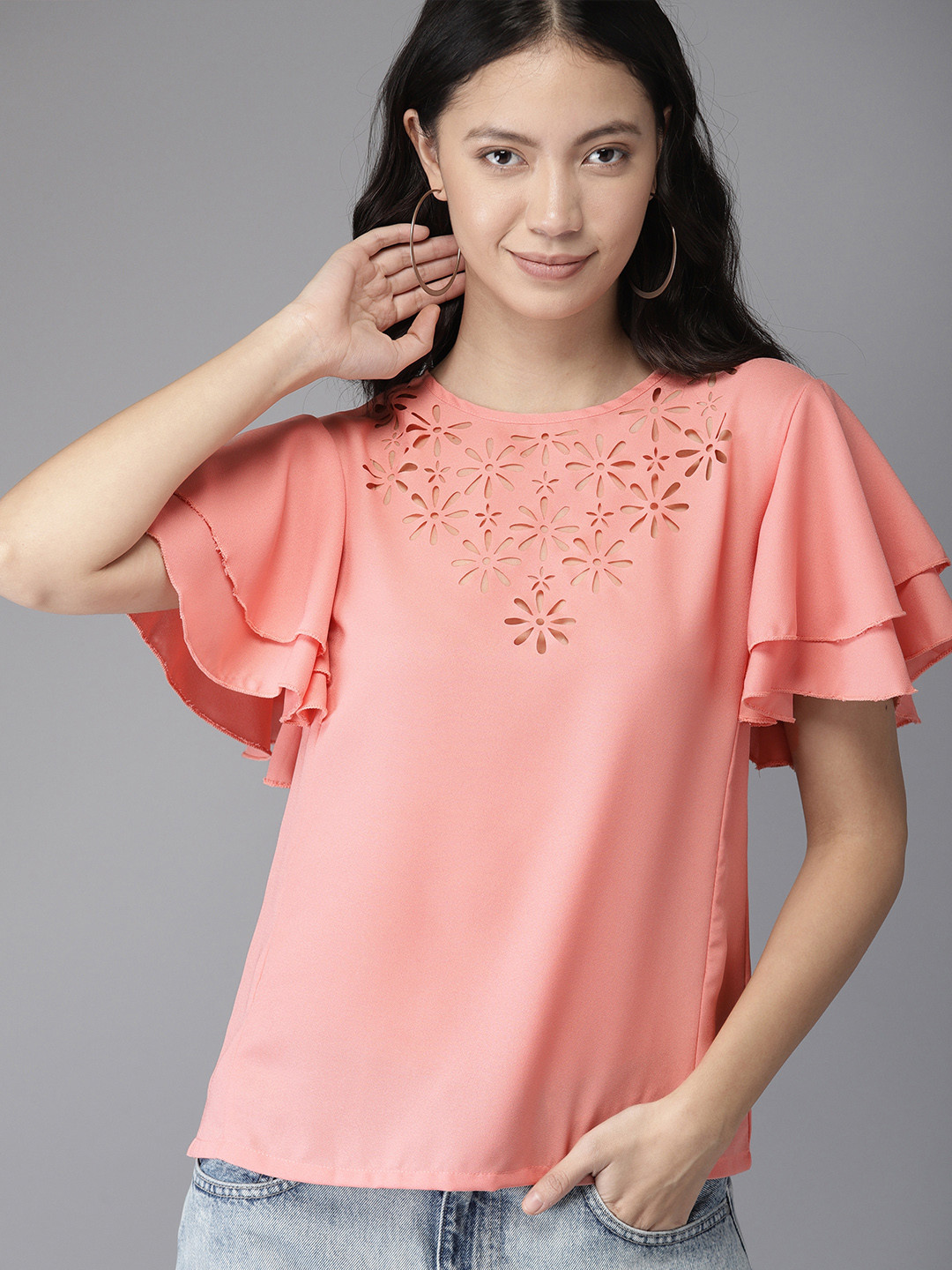 Buy HERE&NOW Women Peach Coloured Solid Top Tops for Women 9077253