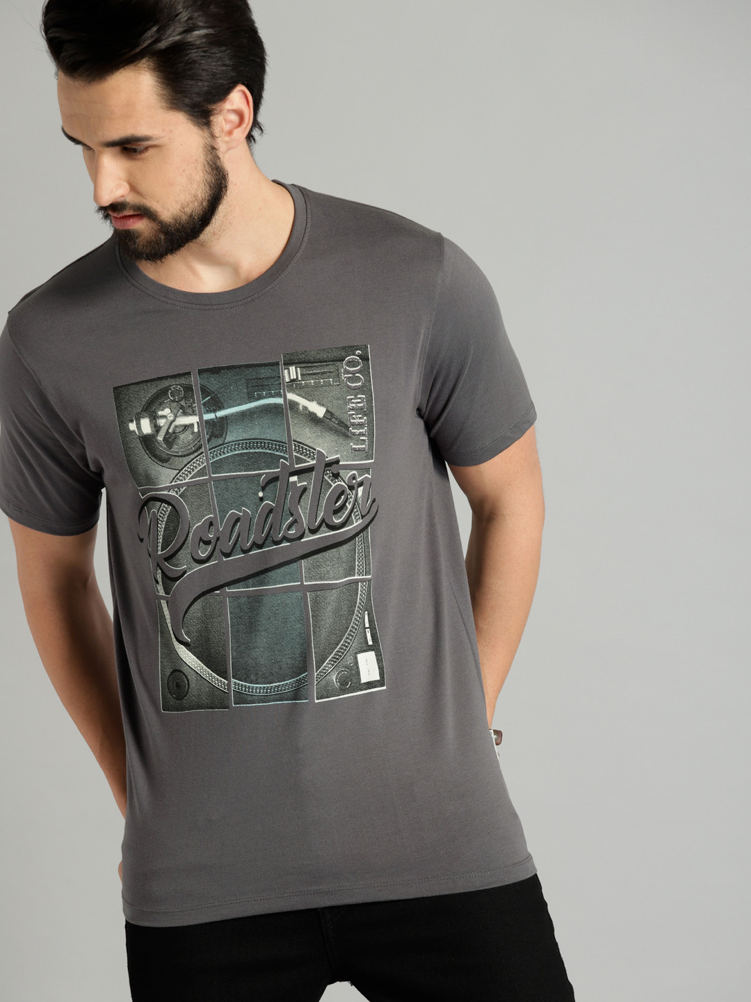 Buy The Roadster Lifestyle Co Men Charcoal Grey Printed Round Neck Pure
