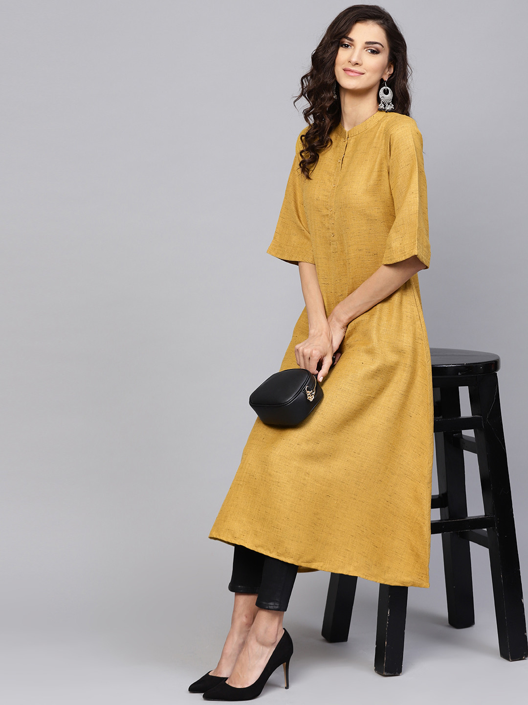 Buy Libas Women Mustard Yellow Solid A Line Kurta Kurtas for Women