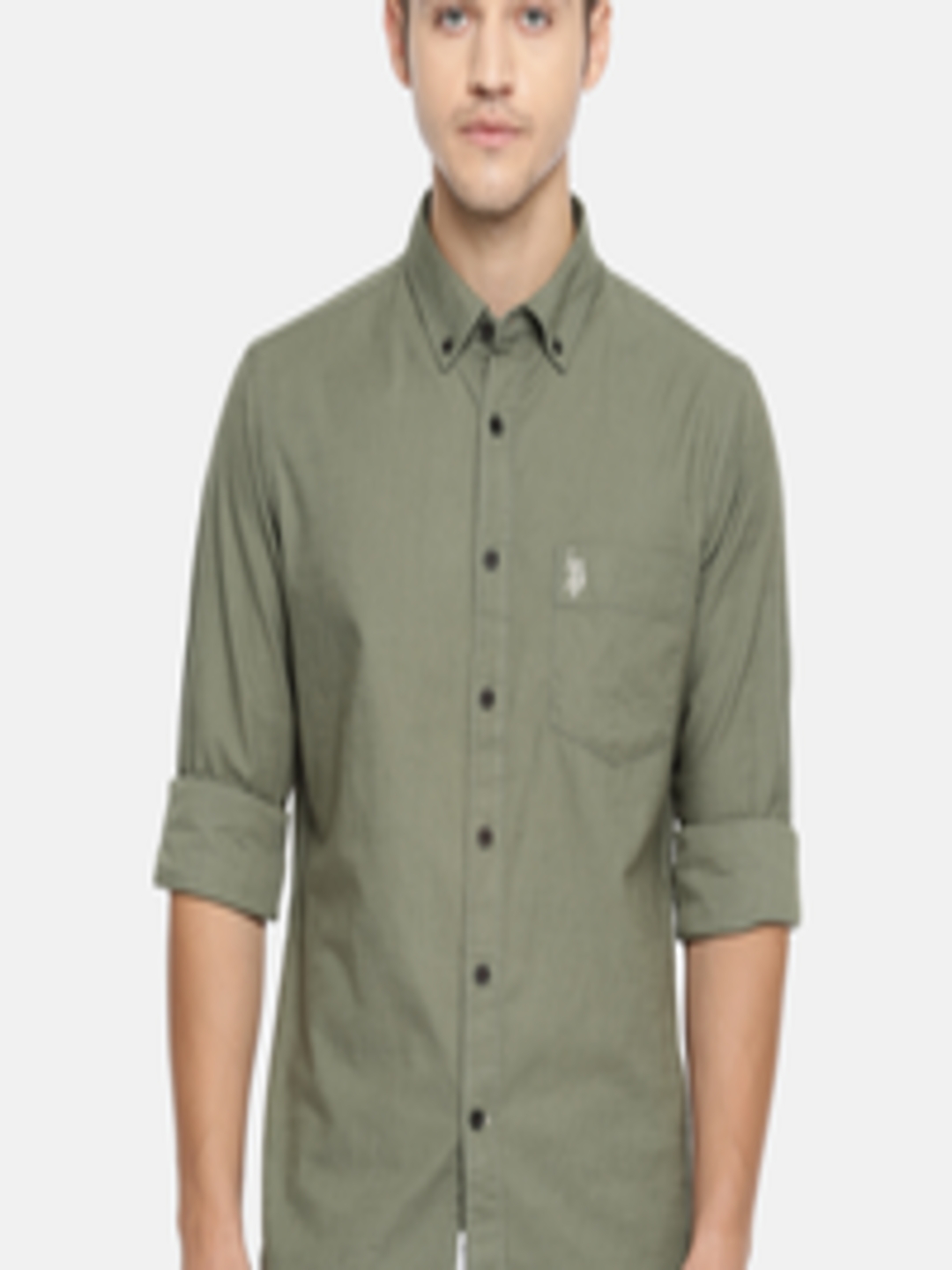 Buy U.S. Polo Assn. Men Olive Green Tailored Fit Solid Casual Shirt ...