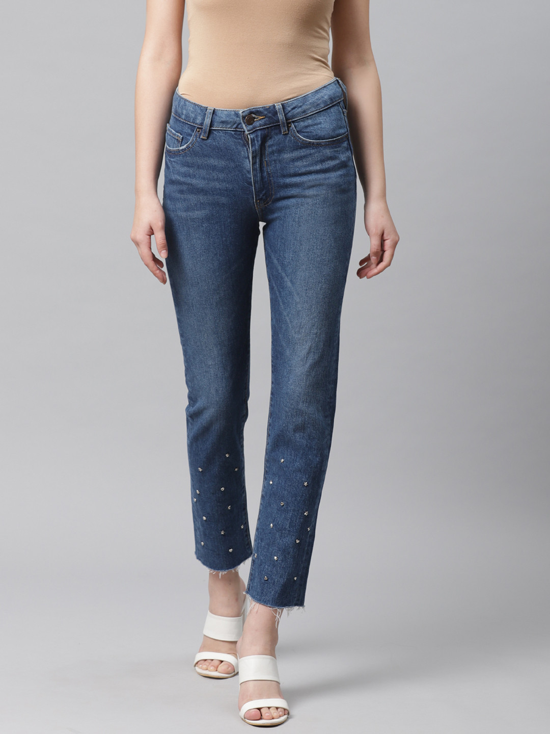 Buy Marks & Spencer Women Blue Straight Fit Mid Rise Clean Look