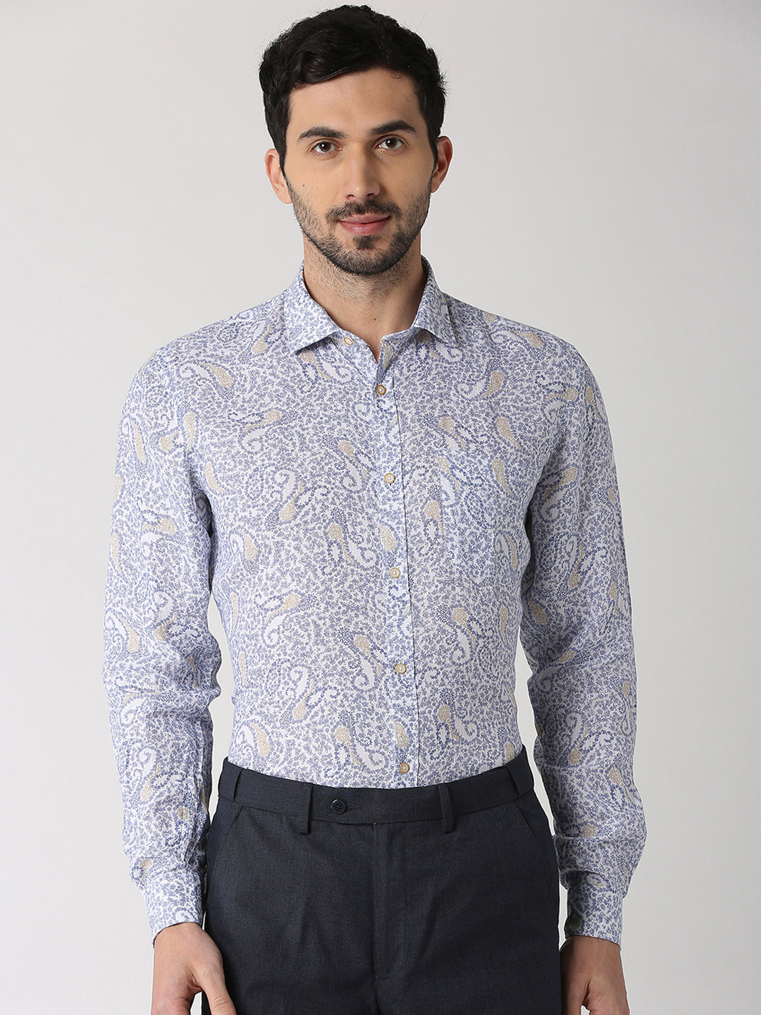 Buy Peter England Elite Men Blue & Yellow Regular Fit Printed Linen