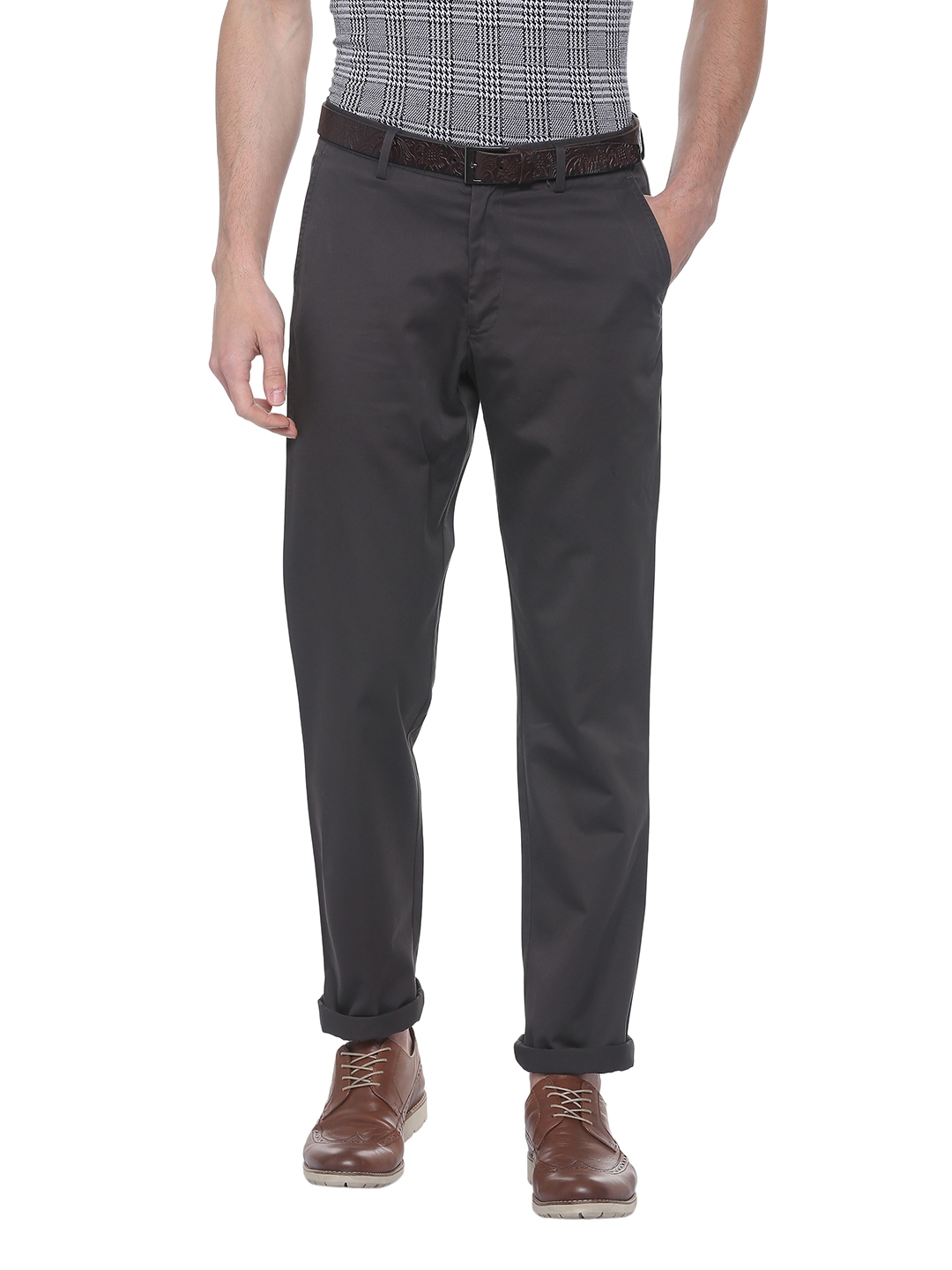 Buy Louis Philippe Men Charcoal Grey Regular Fit Solid Trousers ...