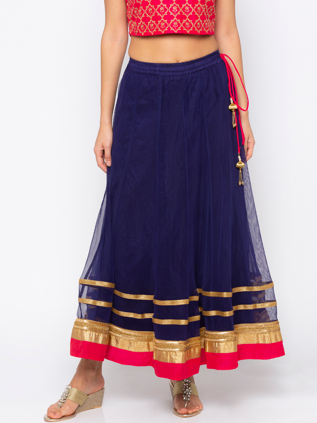 Navy Blue Gold Printed Ankle Length Flared Skirt