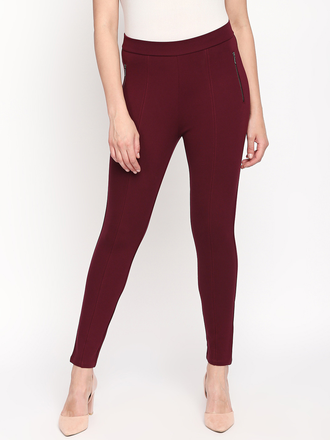 Buy Annabelle By Pantaloons Women Maroon Solid Skinny Fit Treggings
