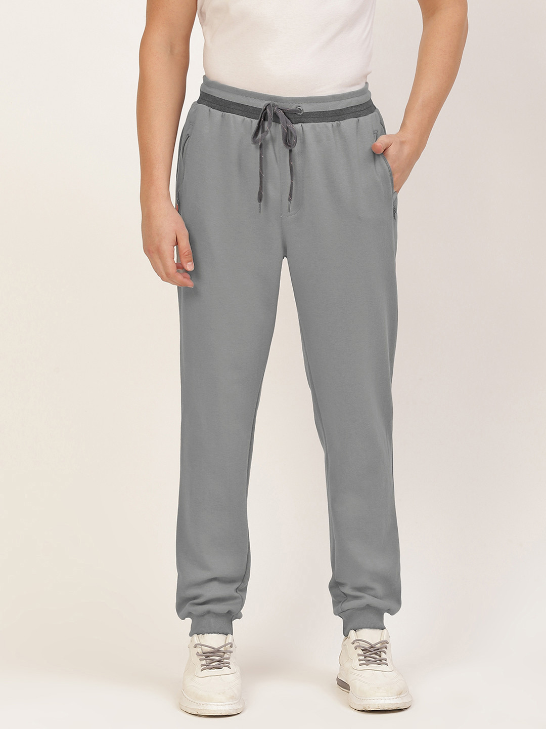 Buy Jockey Men Grey Solid Pure Cotton Mid Rise Drawstring Joggers