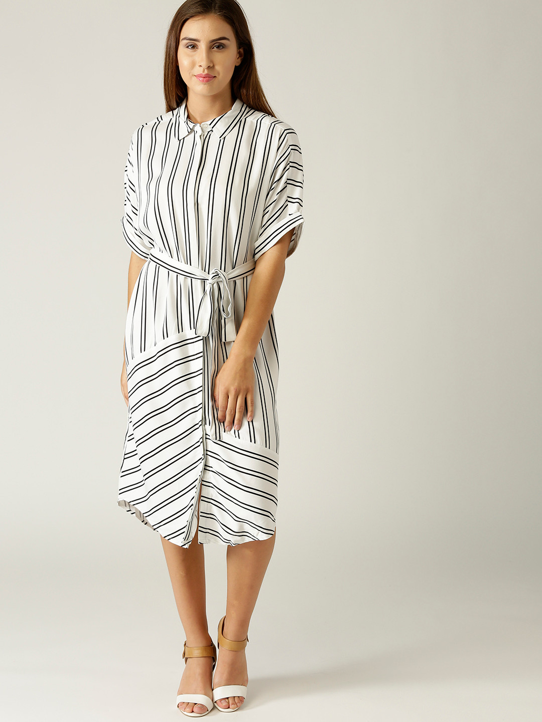Buy MANGO Women White & Black Striped Shirt Dress Dresses for Women