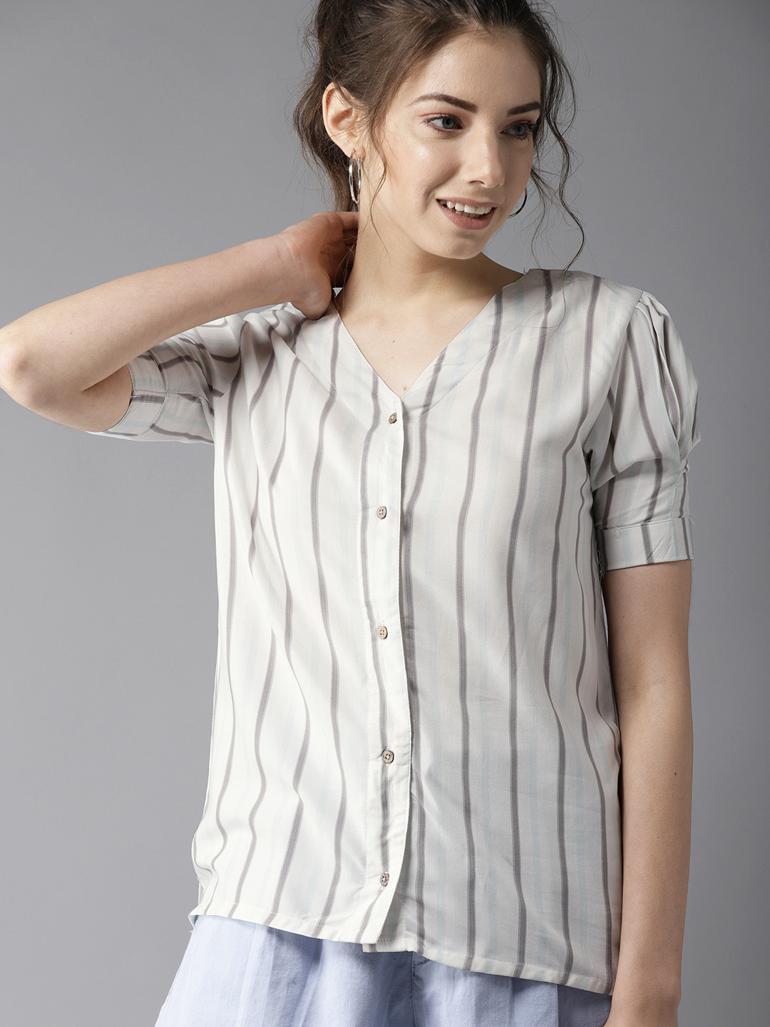 Buy HERE&NOW Women White & Grey Striped Top Tops for Women 9120069