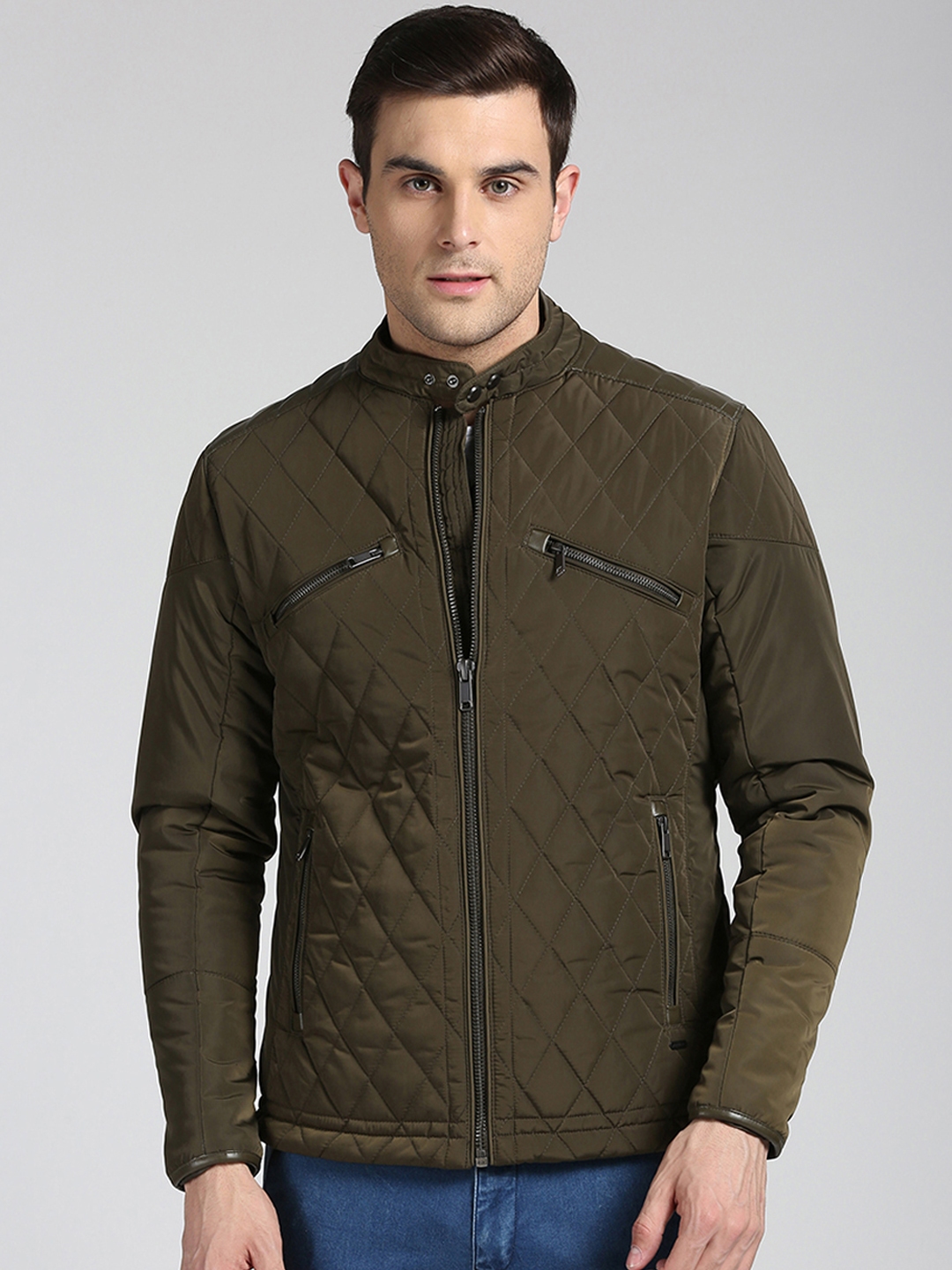 Buy Peter England Casuals Men Olive Green Solid Quilted Jacket ...