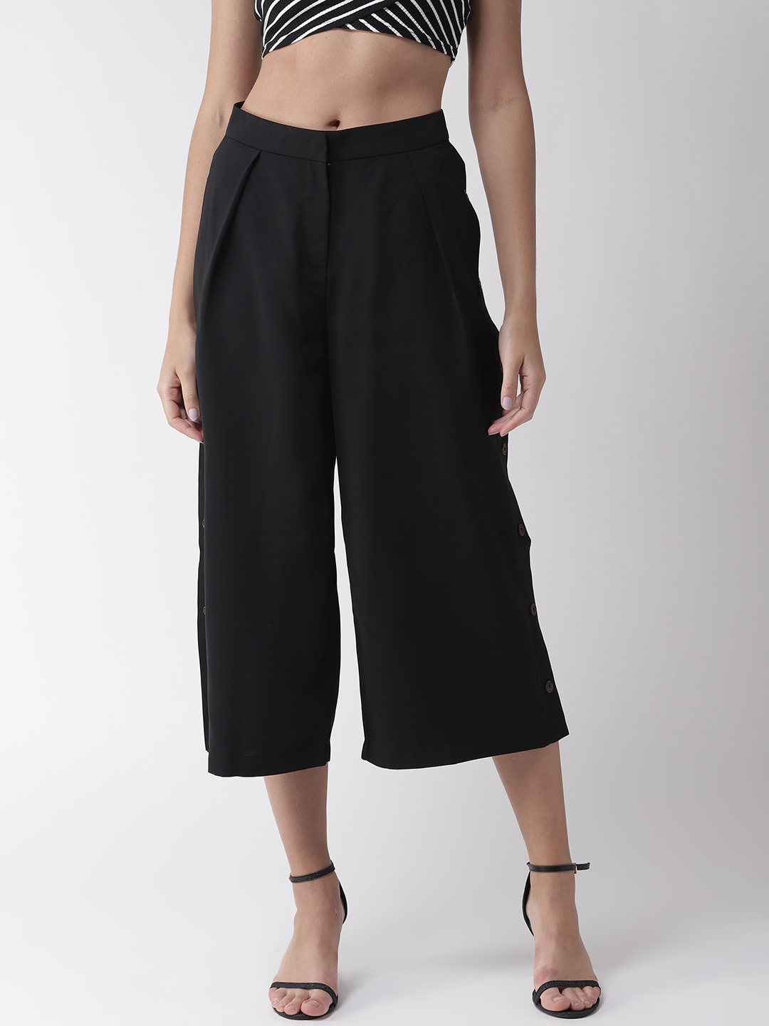 Buy Madame Women Black Regular Fit Solid Culottes - Trousers for Women ...