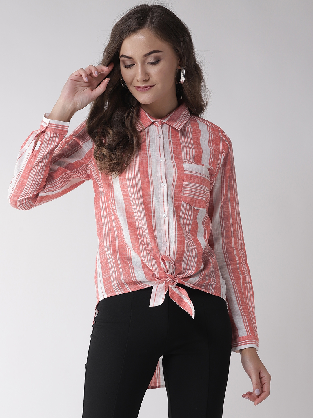 Buy Madame Women Pink & White Regular Fit Striped Longline Casual Shirt ...