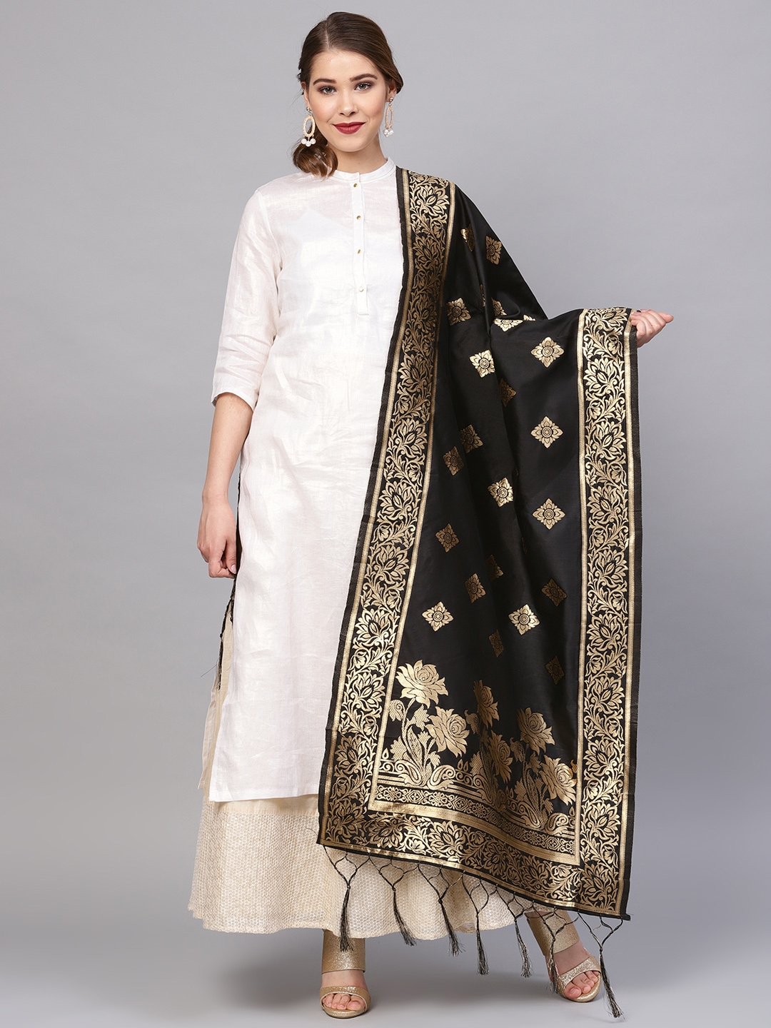 black punjabi suit with golden dupatta