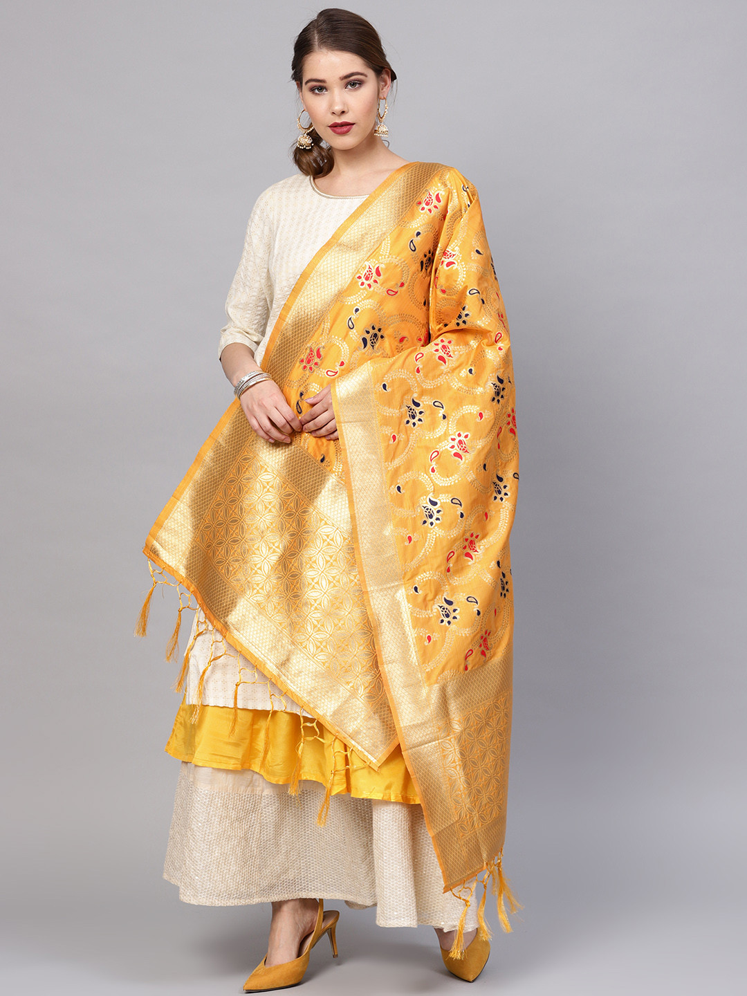Buy SUTRAM Mustard & Golden Zari Woven Design Dupatta Dupatta for