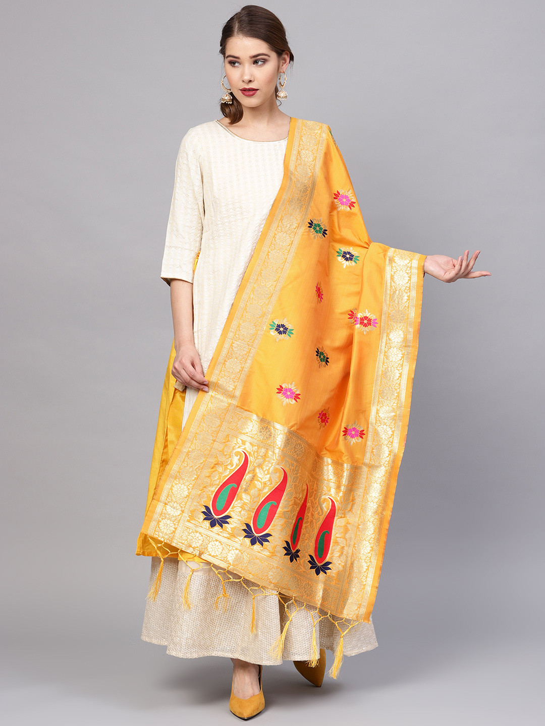 Buy SUTRAM Mustard Yellow & Golden Zari Work Dupatta Dupatta for