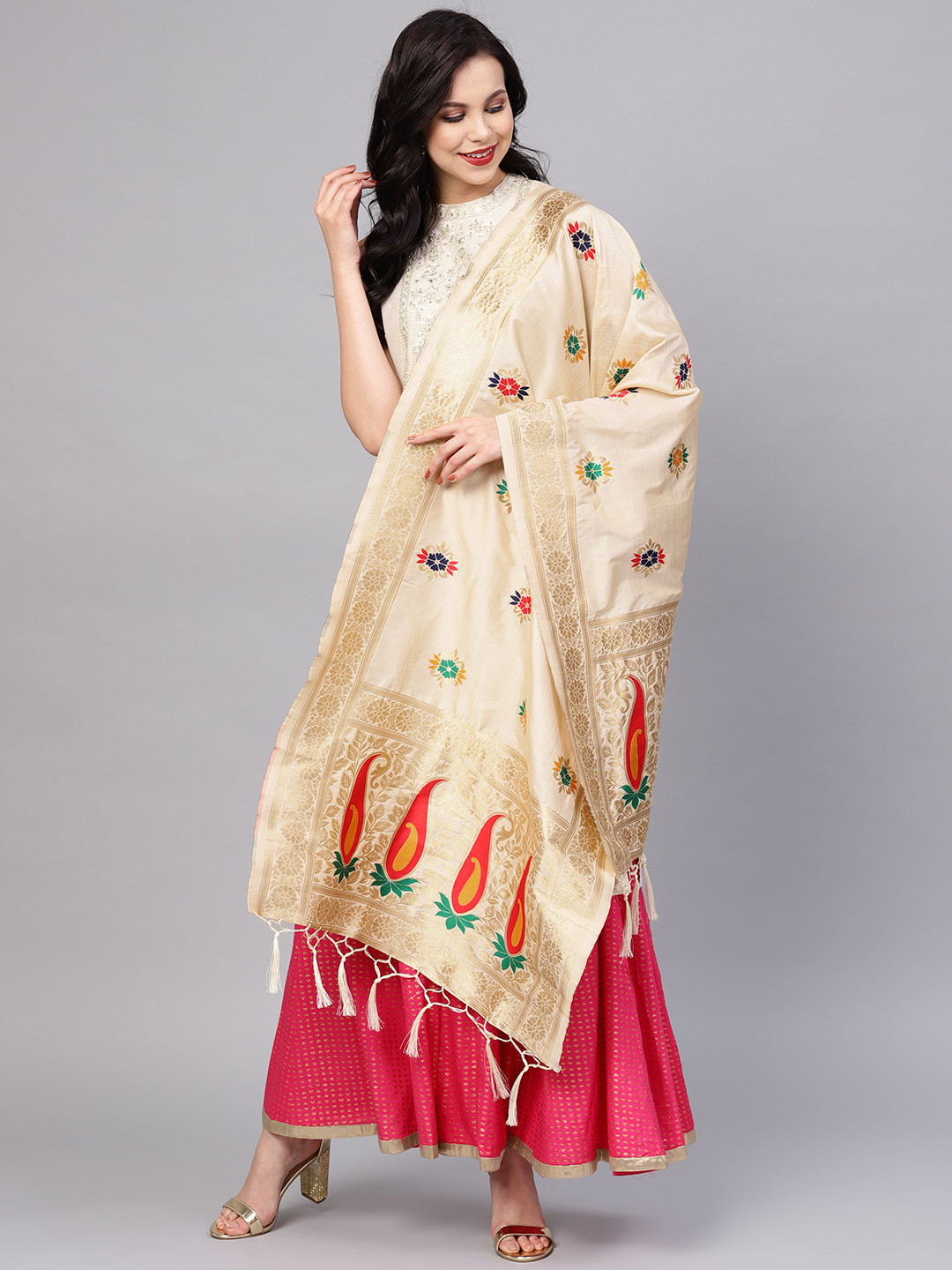 Buy SUTRAM Cream Coloured & Golden Woven Design Dupatta Dupatta for