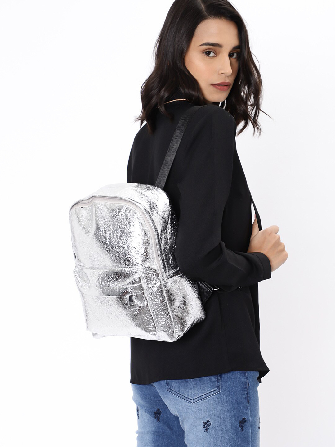 Silver Metallic Drawstring Backpack Buy Ayesha Women Silver Toned Textured Silver Metallic Functional ...