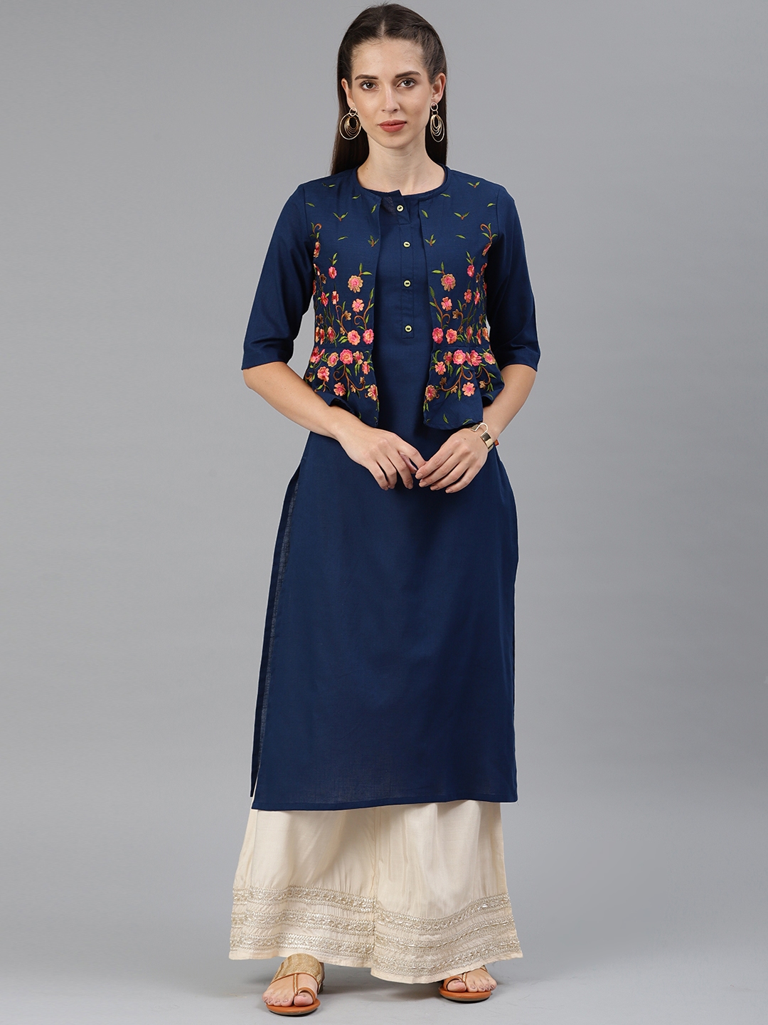 Buy Alena Women Navy Blue Solid Straight Kurta With Embroidered Jacket ...