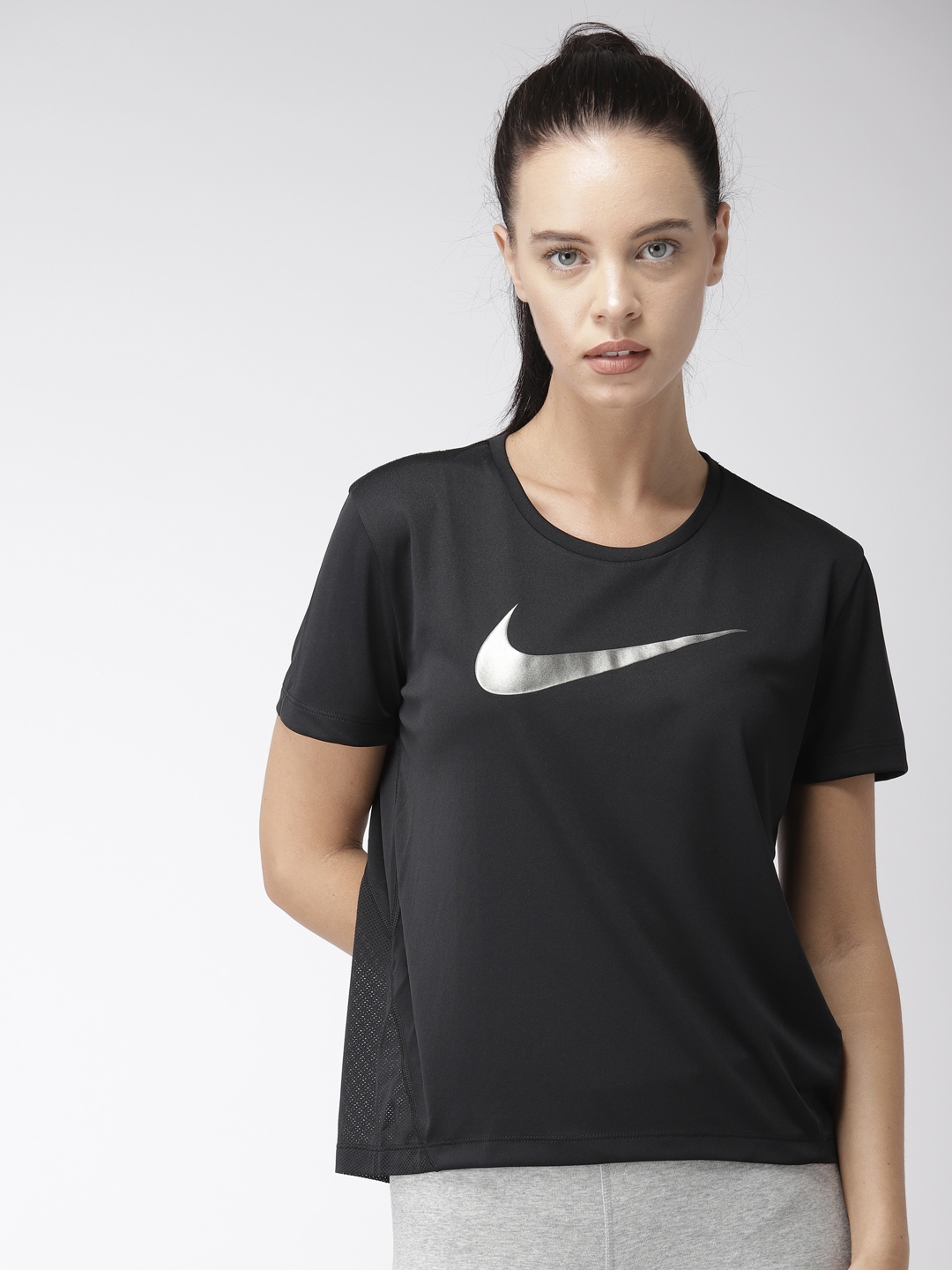Buy Nike Women Black Printed Round Neck AS W NK MILER DRI FIT Running T ...
