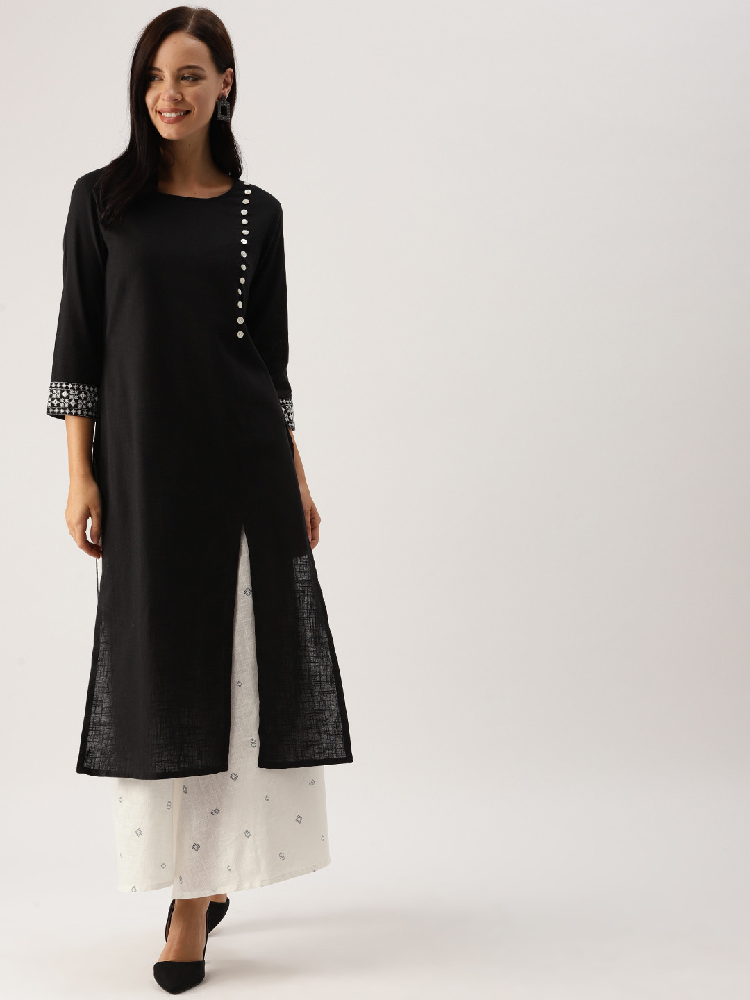 Buy IMARA Women Black & White Solid Kurta With Palazzos Kurta Sets