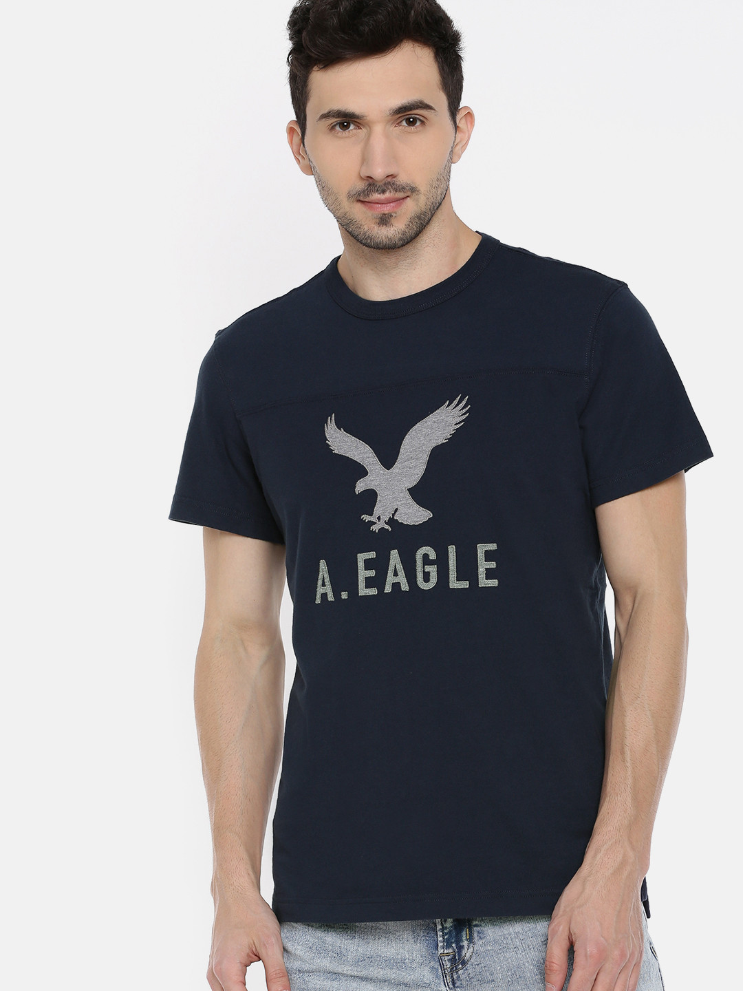 Buy AMERICAN EAGLE OUTFITTERS Men Navy Embroidered Round Neck Pure