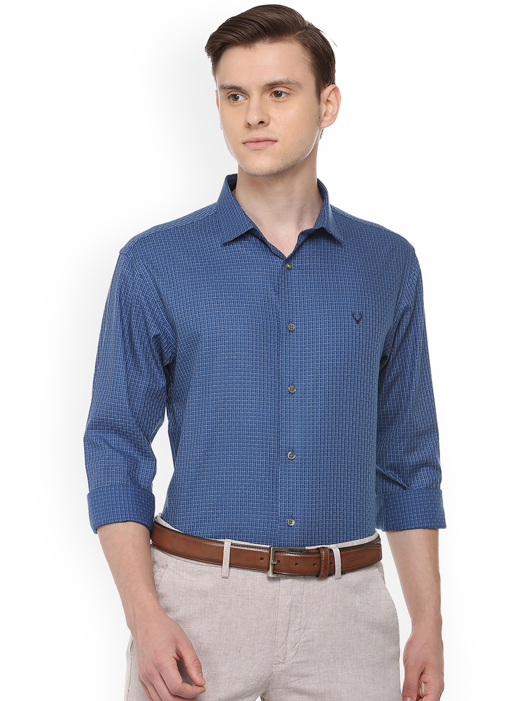 Buy Allen Solly Men Blue & Navy Blue Regular Fit Checked Formal Shirt ...