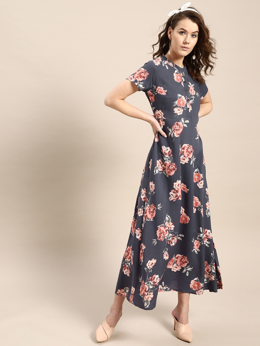 Buy Aks Couture Women Navy Blue And Pink Printed Maxi Dress Dresses For