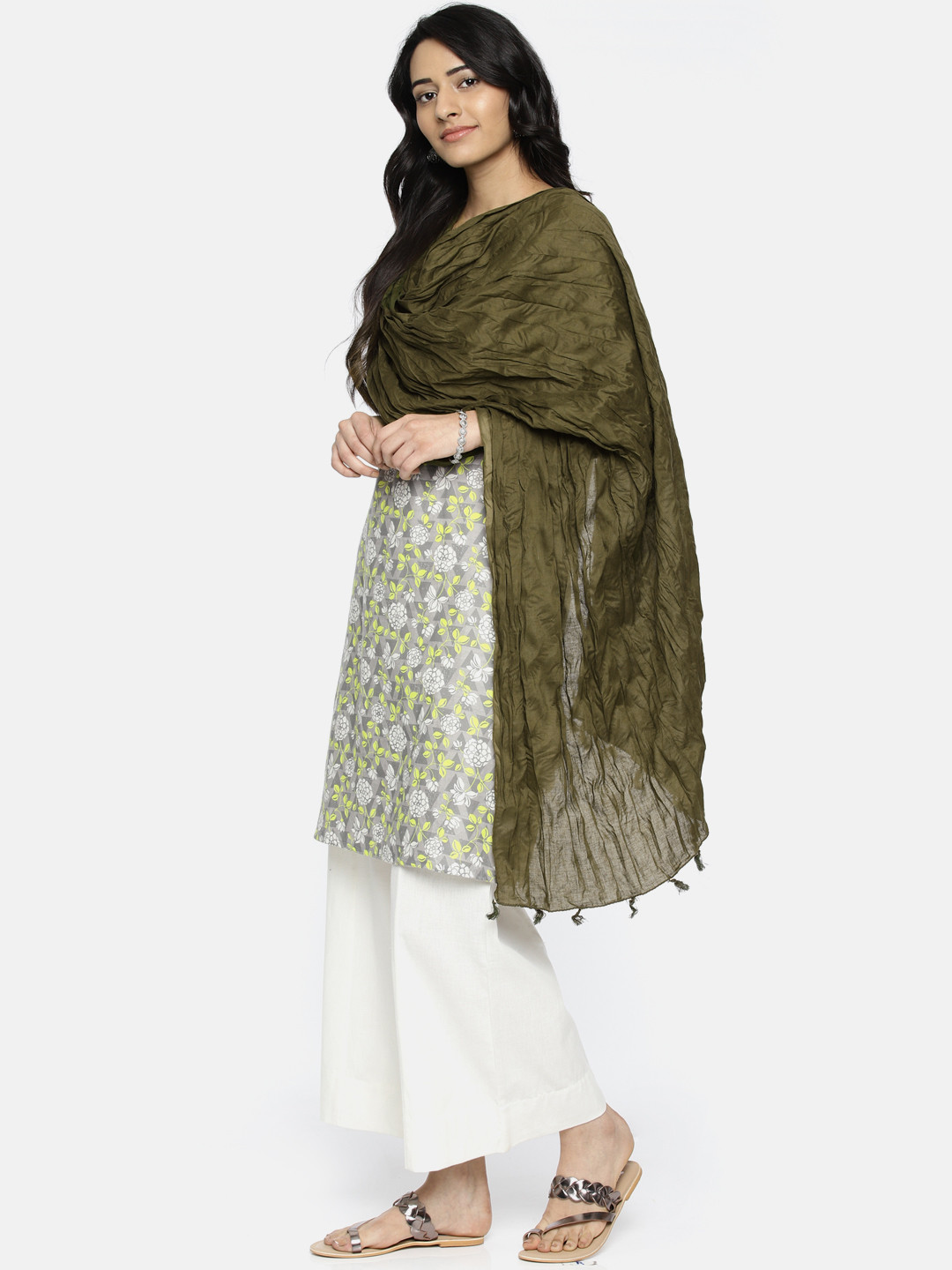 Buy Melange By Lifestyle Olive Green Solid Pure Cotton Dupatta