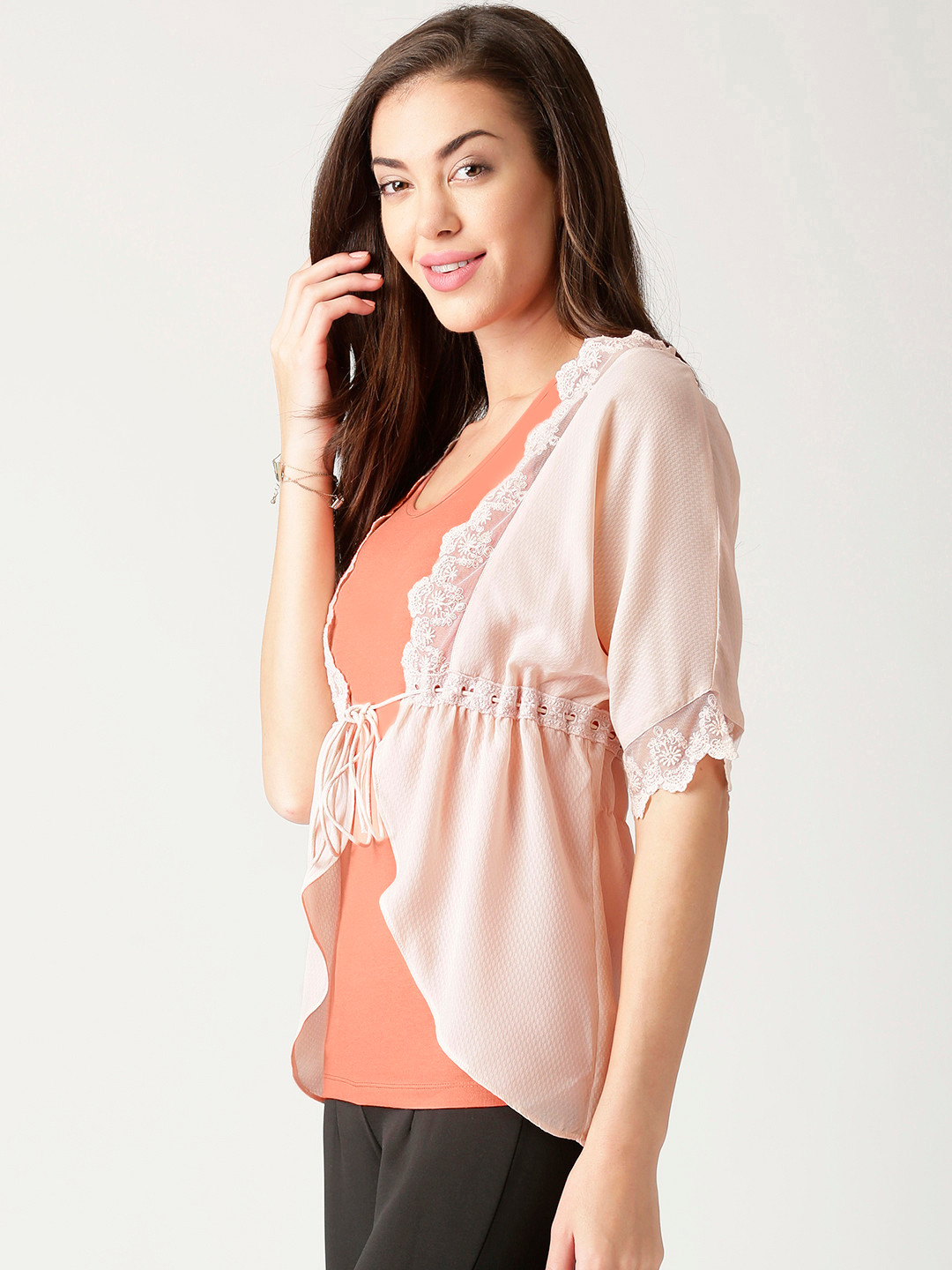 Buy All About You From Deepika Padukone Peach Coloured Shrug With Lace Detail Shrug for Women