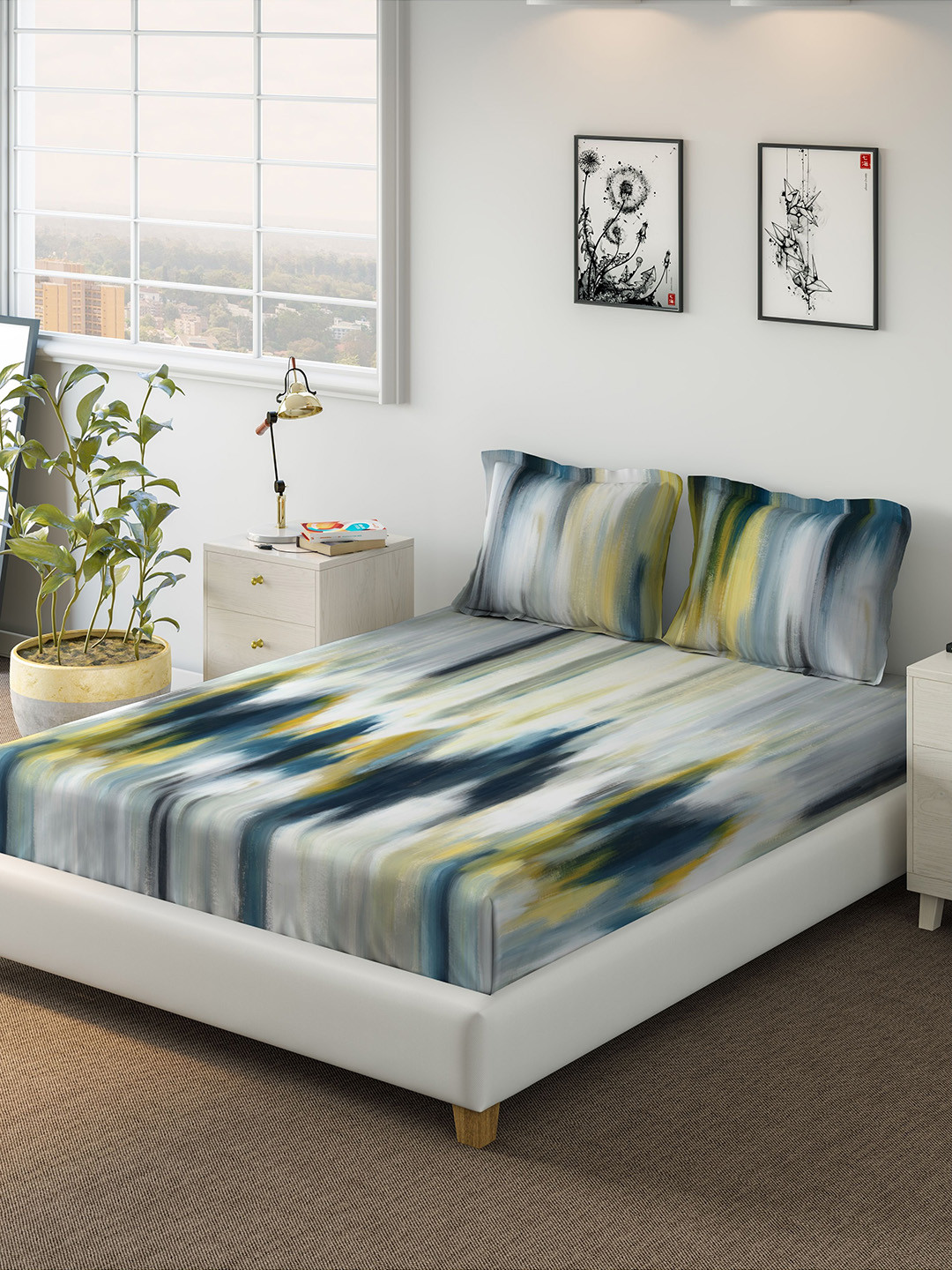 Buy DDecor Blue Abstract 1000 TC Cotton 1 King Bedsheet With 2 Pillow