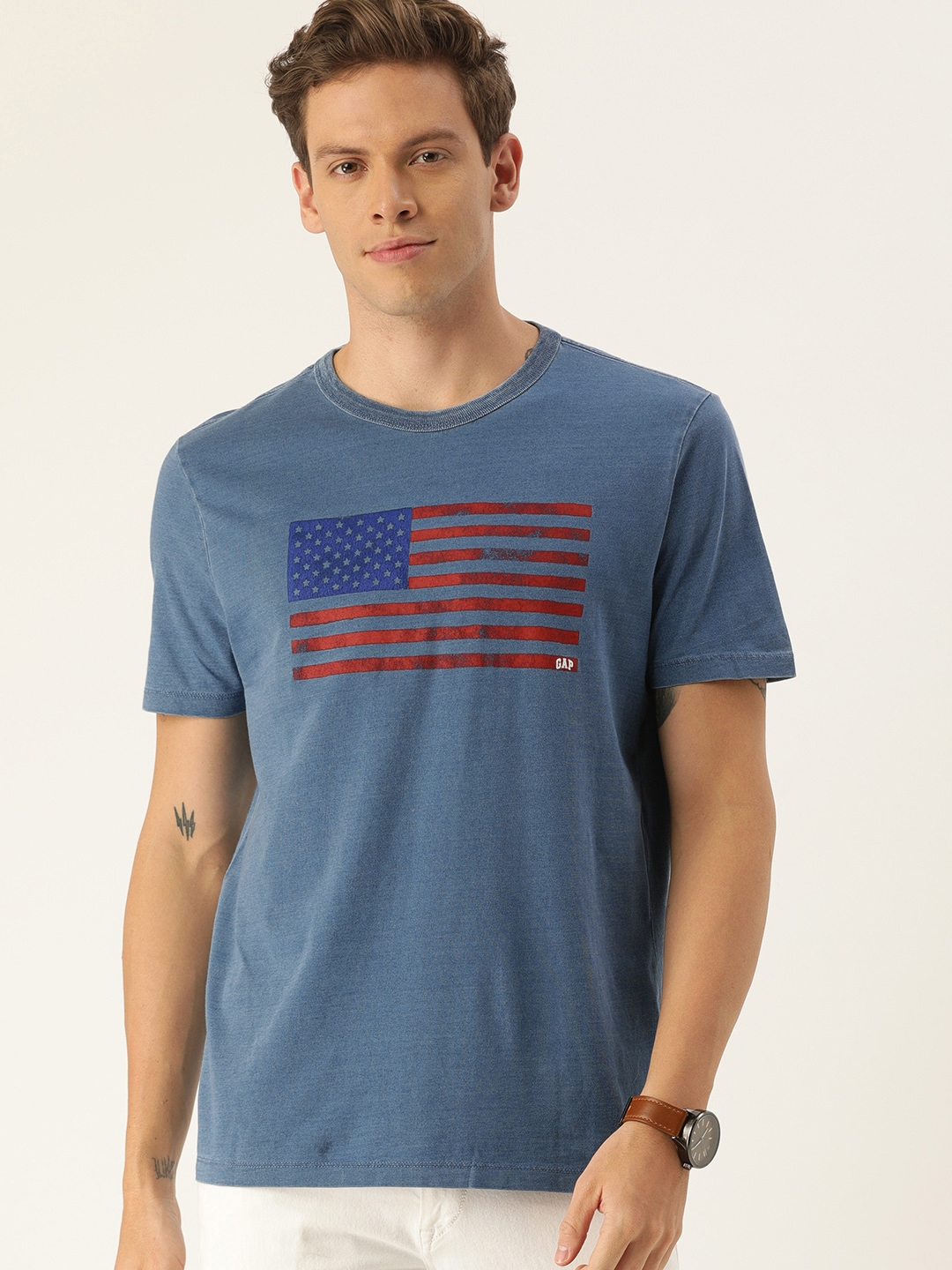 Buy GAP Men's Blue Printed Flag Logo Short Sleeve T Shirt - Tshirts for ...