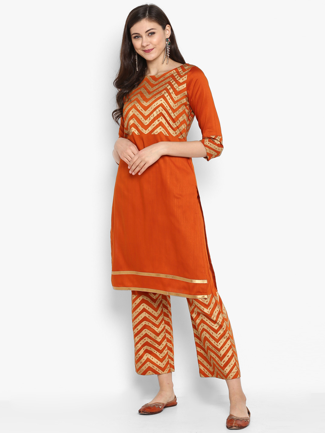 Women'S Orange & Golden Woven Design Kurta With Trousers