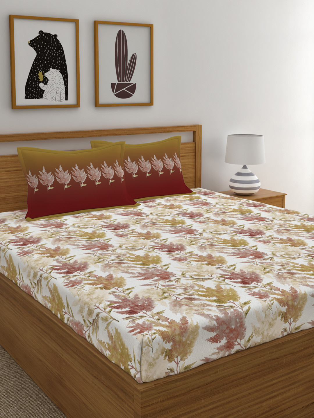 Buy Trident Off White & Brown Floral 144 TC Cotton 1 Queen Bedsheet