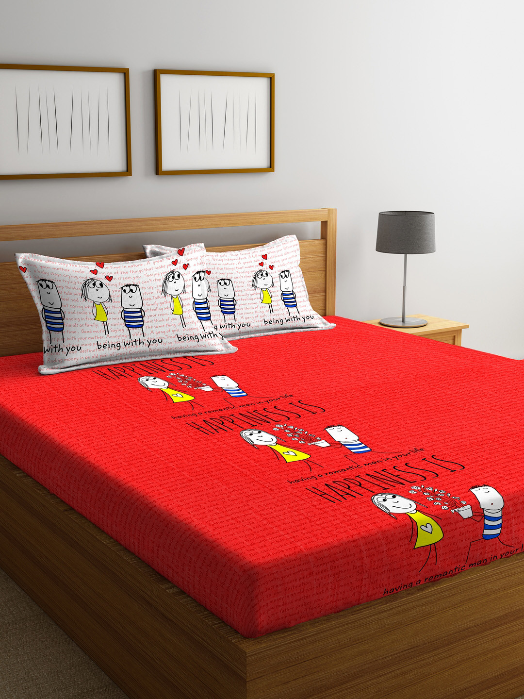 Buy Portico New York Red Colour Graphic 144 TC Cotton 1 Double Fitted