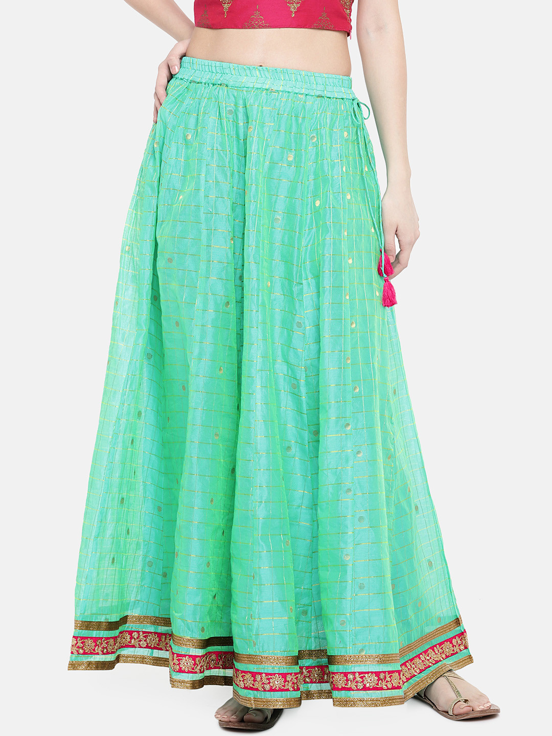 Buy Ethnicity Women Sea Green And Pink Printed Maxi Flared Pure Cotton