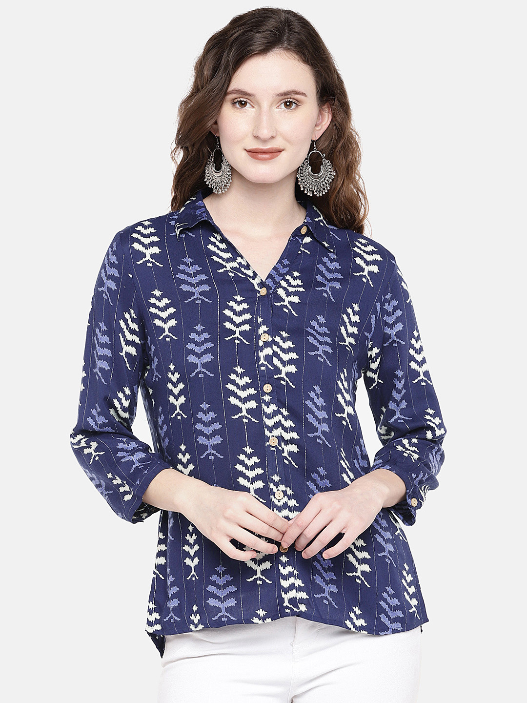 Buy Ethnicity Women Blue Printed Shirt Style Top Tops for Women