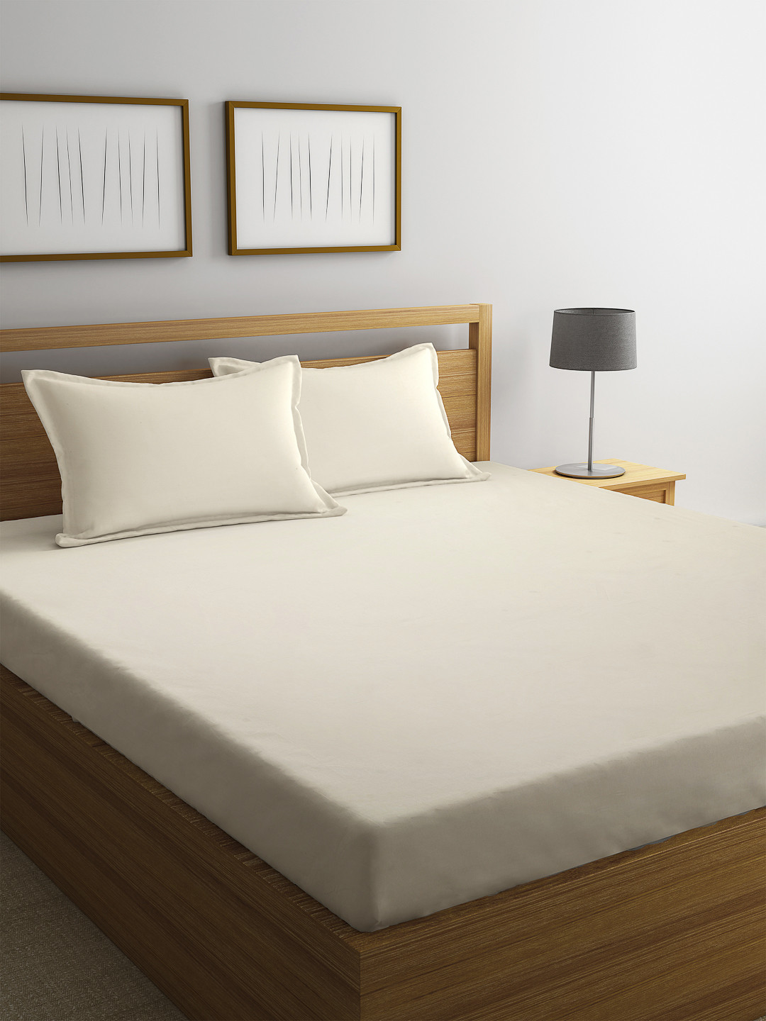 Buy SPACES Off White Solid 300 TC Cotton 1 King Bedsheet With 2 Pillow