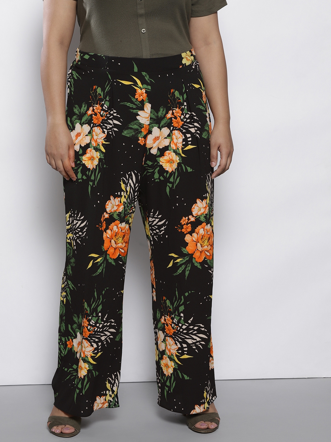 Buy DOROTHY PERKINS Women Black & Orange Floral Print Parallel Trousers ...