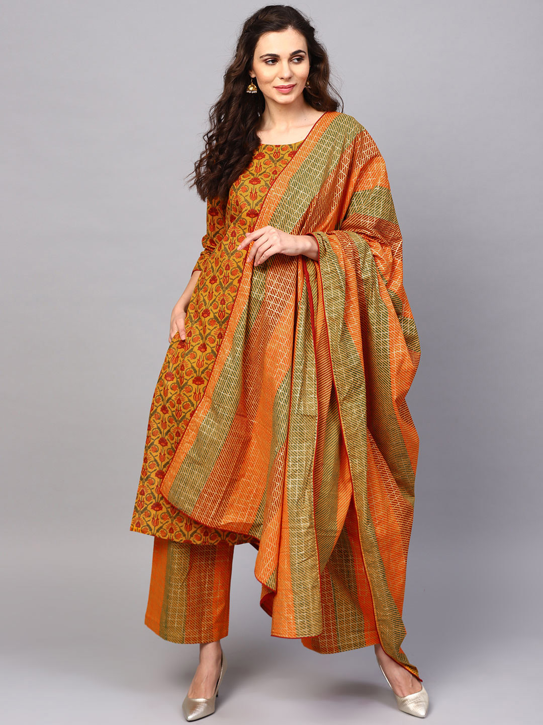 Buy AKS Mustard Khari Print Cotton Kurta With Palazzos & Dupatta