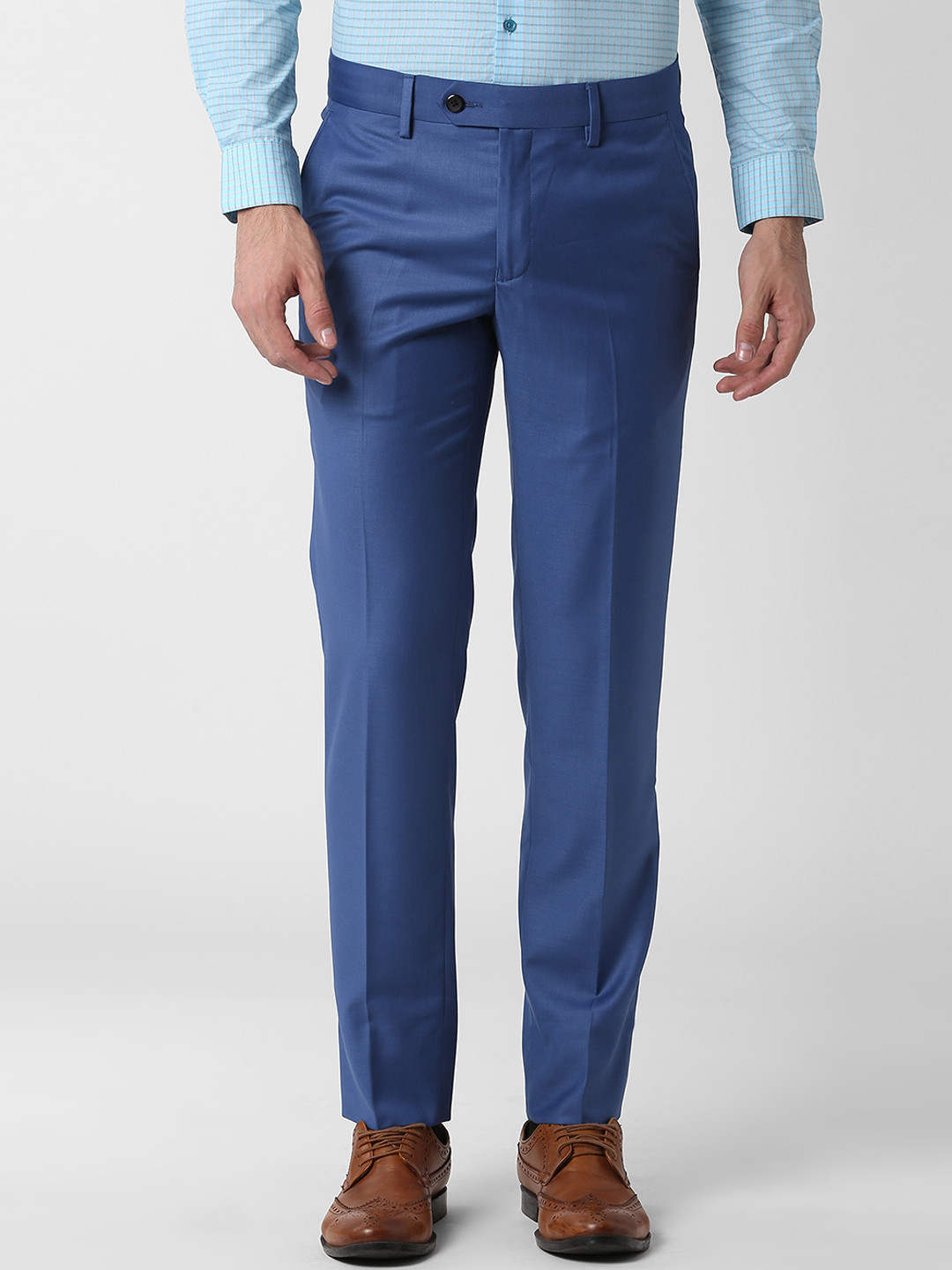 Buy Peter England Elite Men Blue Slim Fit Solid Formal Trousers ...