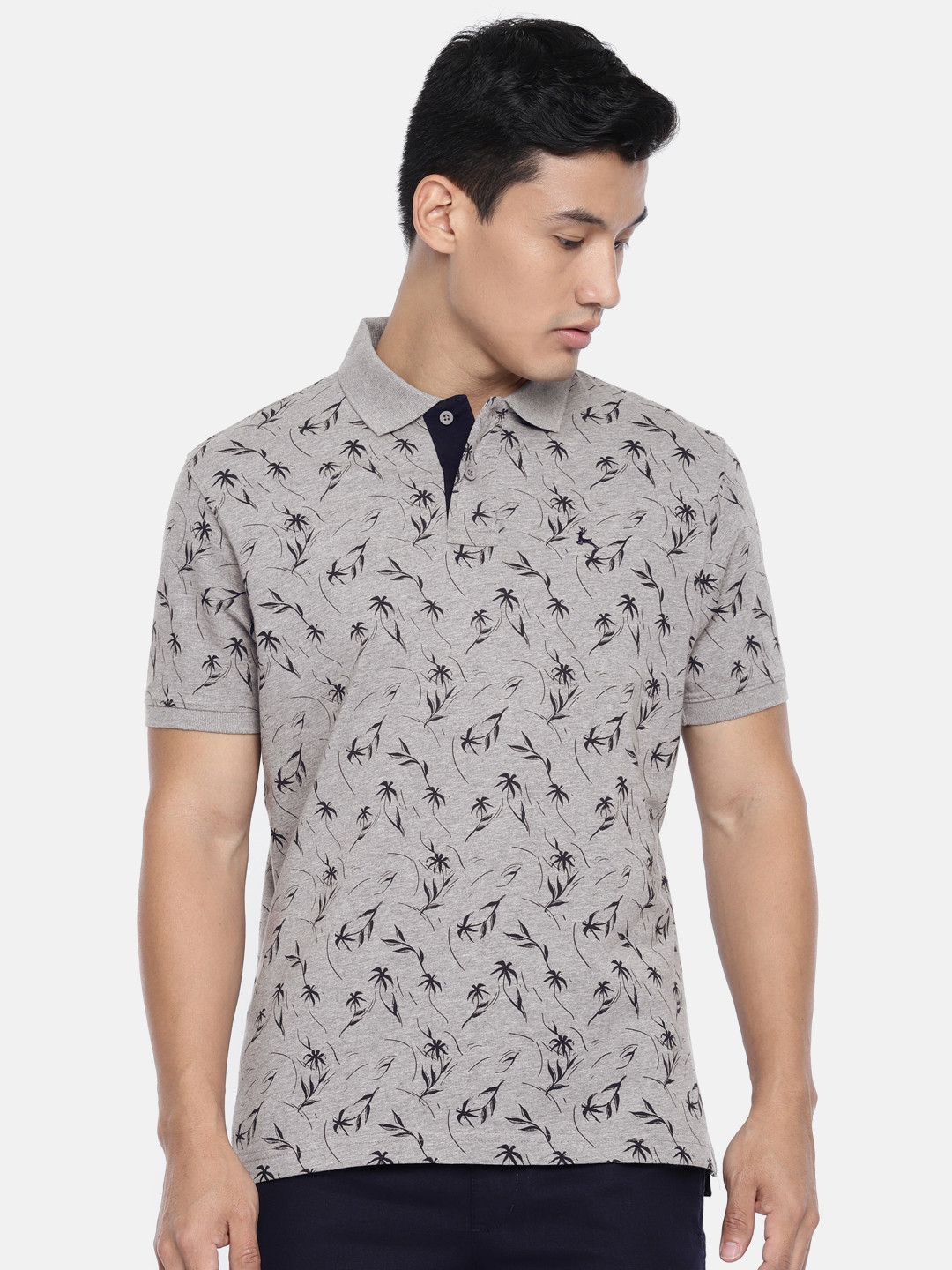 Buy Parx Men Grey Black Printed Polo Collar Pure Cotton T Shirt ...