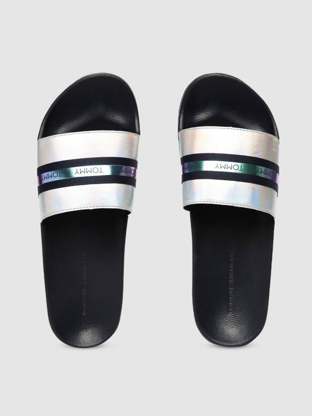 Buy Tommy Hilfiger Women Silver Toned Printed Sliders - Flip Flops for Women 9280339 | Myntra