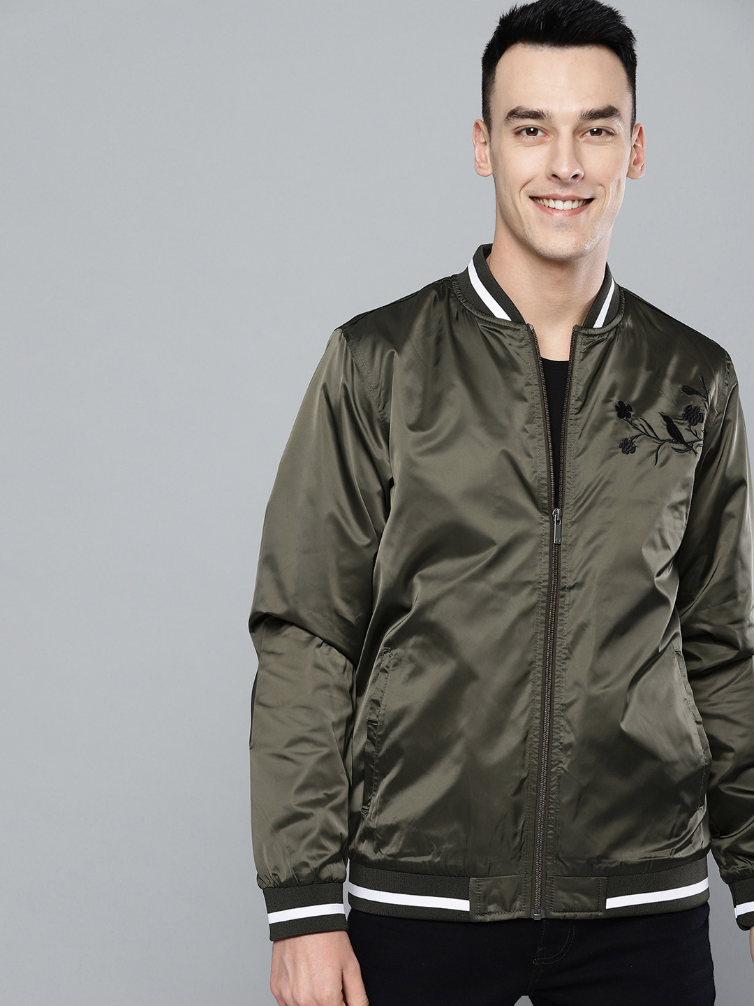 Buy Mast & Harbour Men Olive Green Solid Satin Finish Varsity Jacket