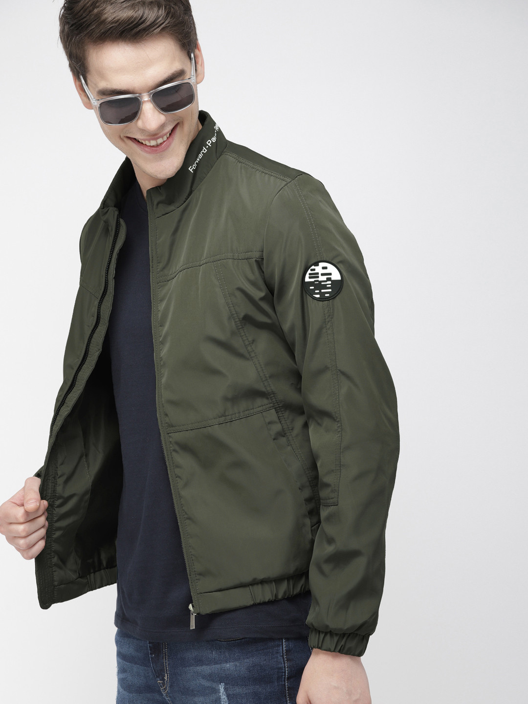 Buy Mast & Harbour Men Olive Green Solid Bomber Jacket Jackets for