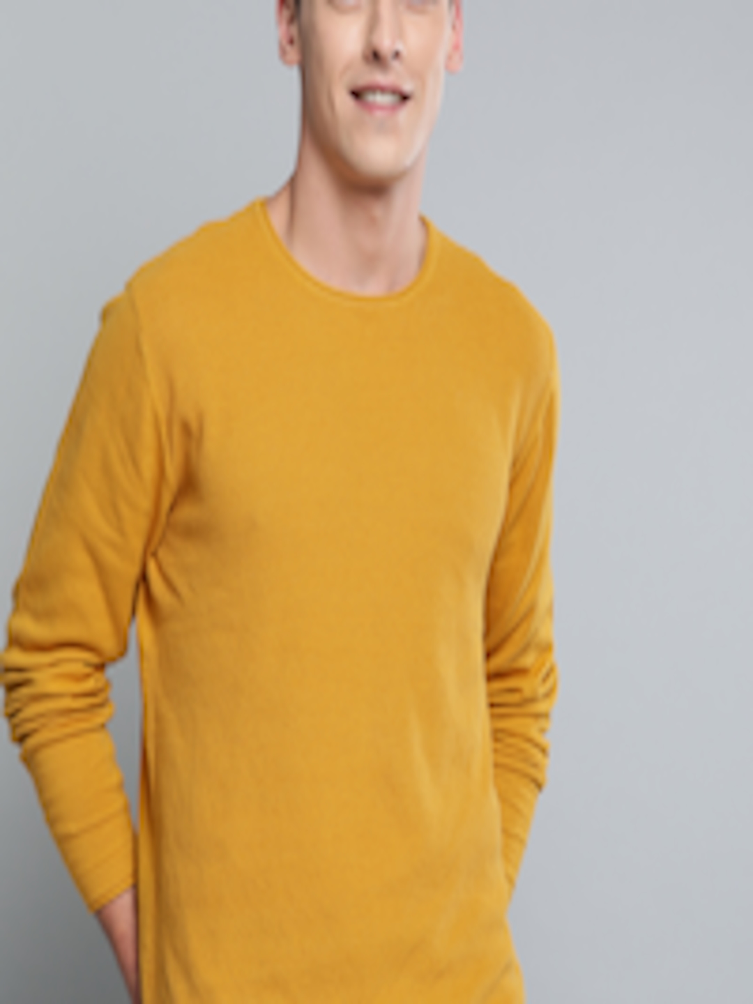 Buy Mast & Harbour Men Mustard Yellow Self Design Pullover Sweater ...