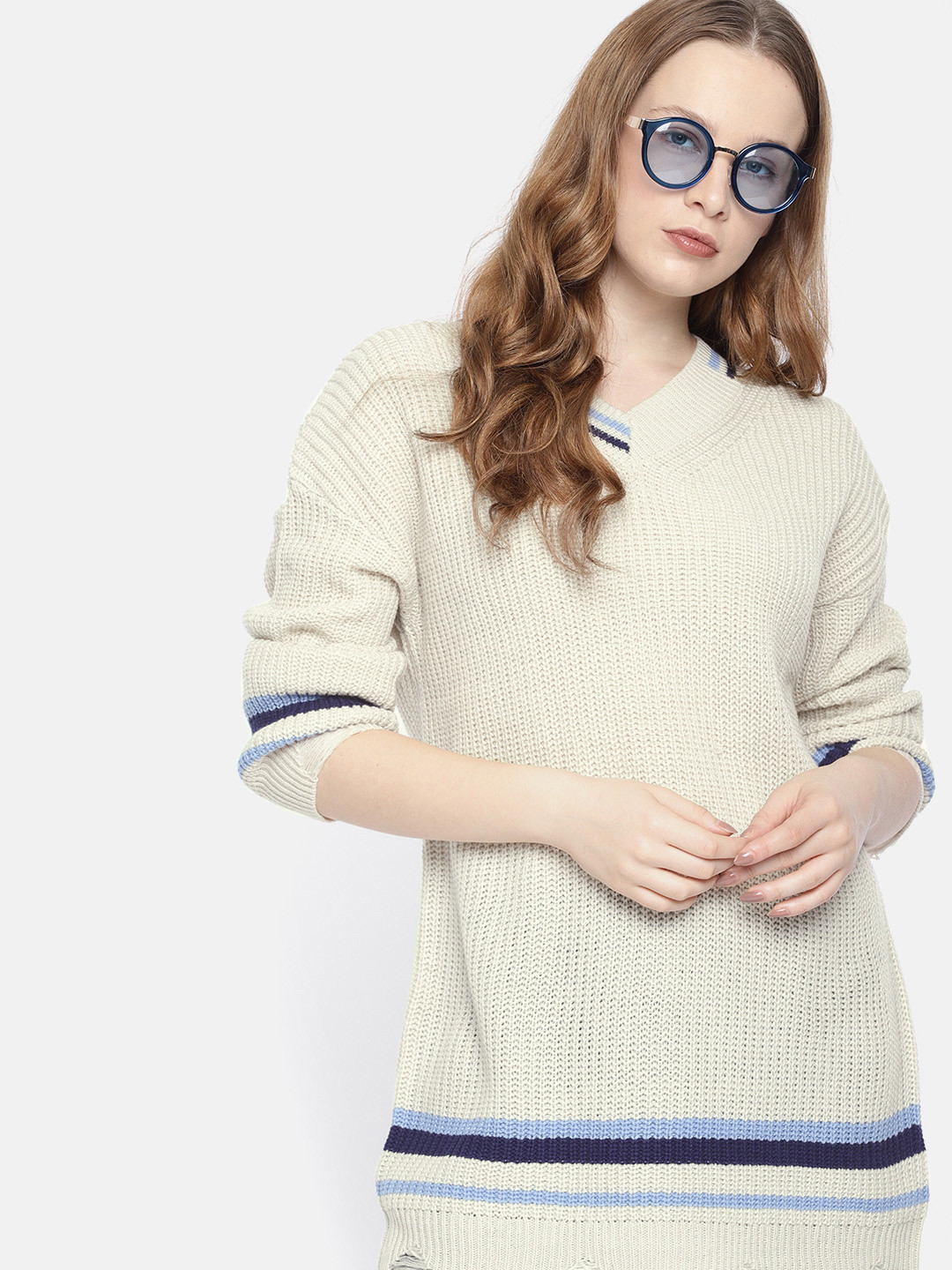 Buy Harvard Women Cream Coloured Solid Longline Pullover Sweater