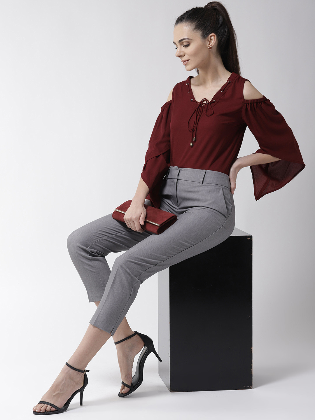 Buy La Zoire Women Maroon Solid Cold Shoulder Top Tops for Women